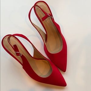 Red kitten heel sling backs